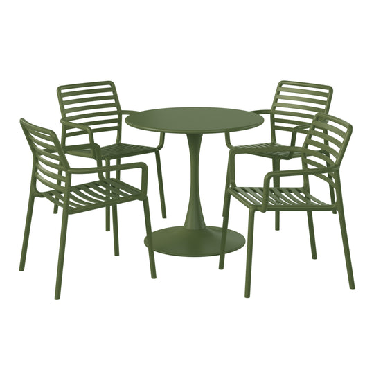 Playa 5-Piece Indoor Outdoor Metal Patio Dining Table Set With Stackable Plastic Patio Arm Chairs