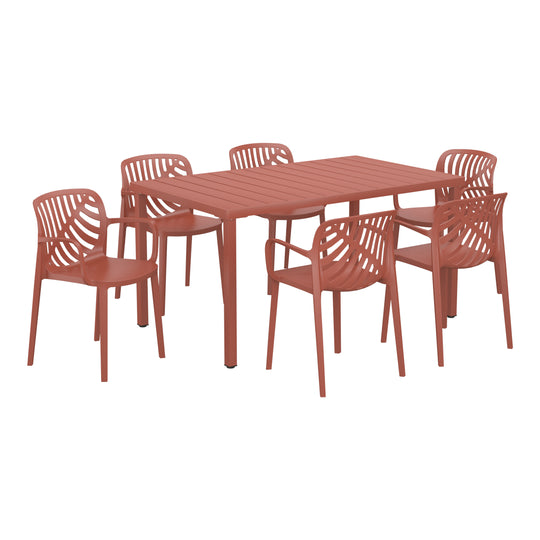Playa 7-Piece Outdoor Metal Rectangle Patio Dining Table Set With Stackable Resin Patio Dining Chairs