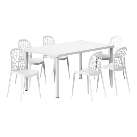 Playa 7-Piece Outdoor Metal Rectangle Patio Dining Table Set With Stackable Patio Dining Side Chairs