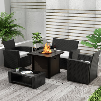Coastal 4-Piece Black Outdoor Patio Conversation Sofa Set with Square Fire Pit Table