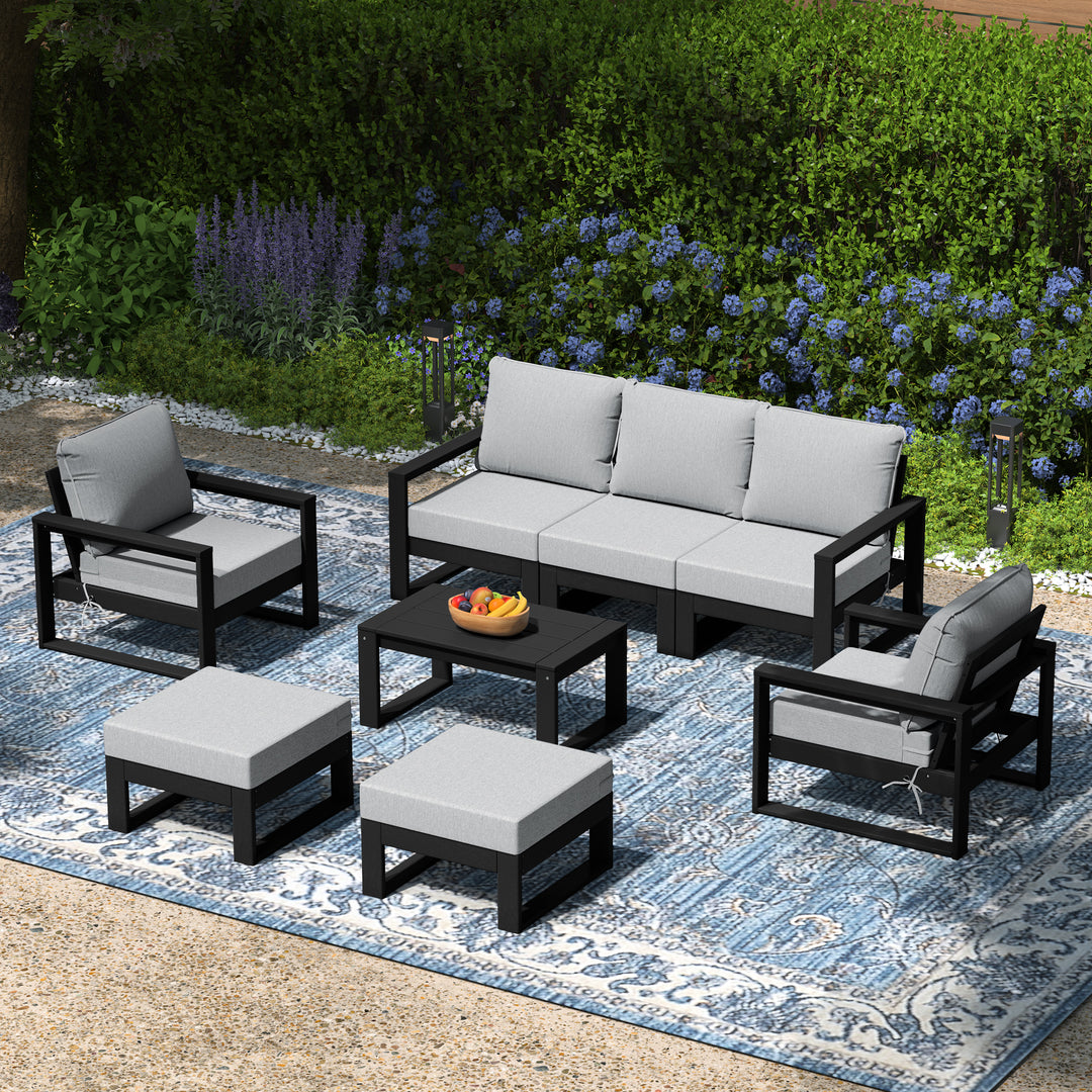 Montara 8-Piece Modern HDPE Outdoor Patio Furniture Conversation Set with Coffee Table and Ottomans