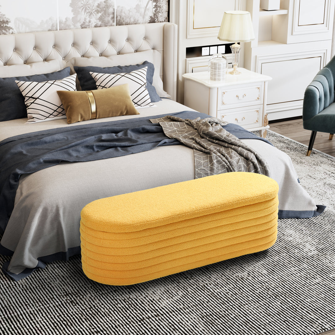 Alexandria 54" Wide Mid-Century Modern Upholstered Teddy Sherpa Tufted Oval Storage Ottoman Bench