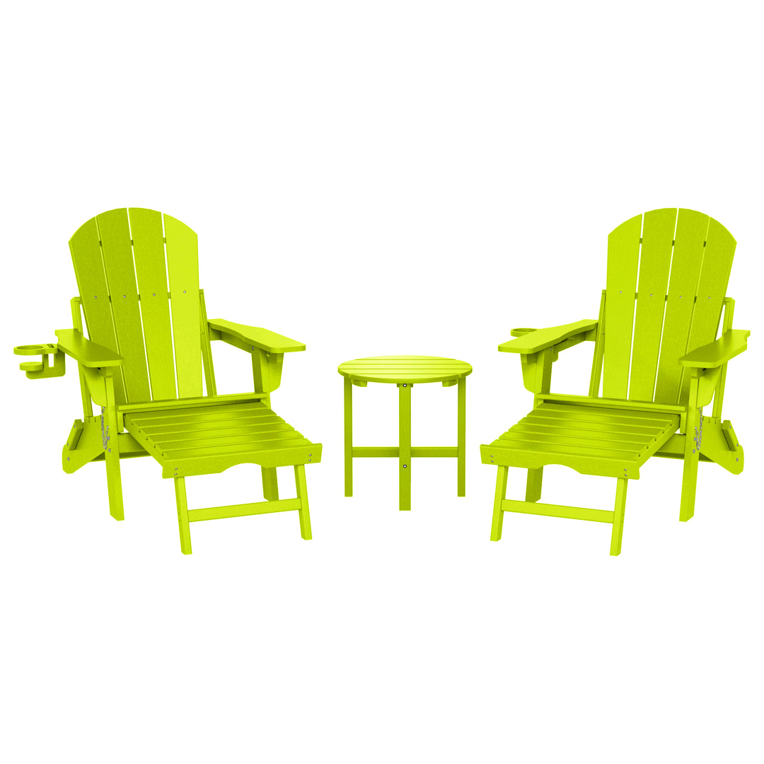 Malibu 3-Piece Outdoor Folding Adjustable Adirondack Chair with Cup Holder & Hideaway Ottoman and 18" Side Table