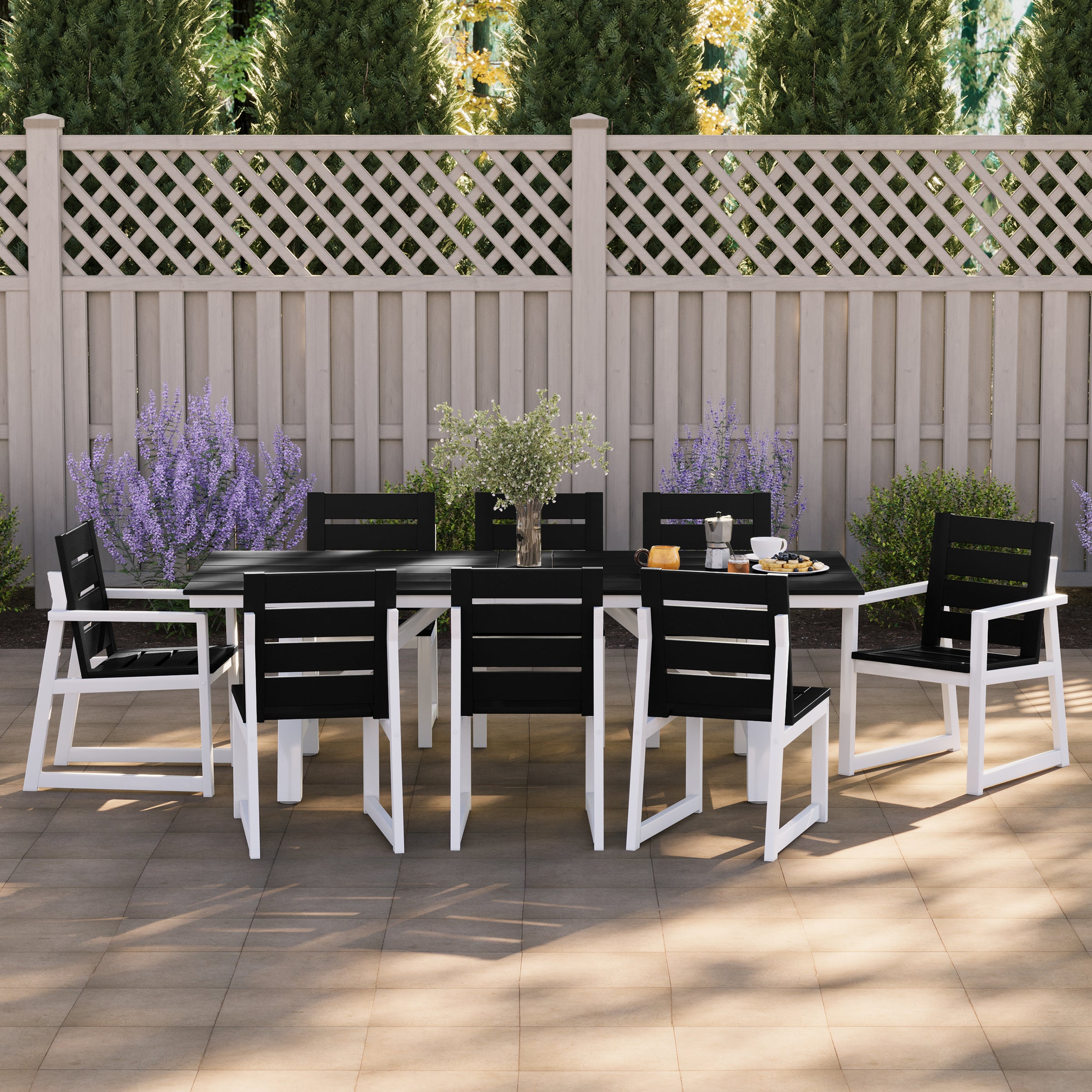 Cape May 9-Piece HDPE Outdoor Furniture Patio Dining Table With Umbrella Hole and Chairs Set For 8