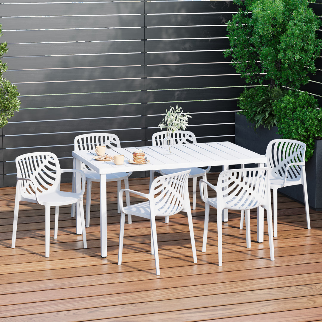 Playa 7-Piece Outdoor Metal Rectangle Patio Dining Table Set With Stackable Resin Patio Dining Chairs