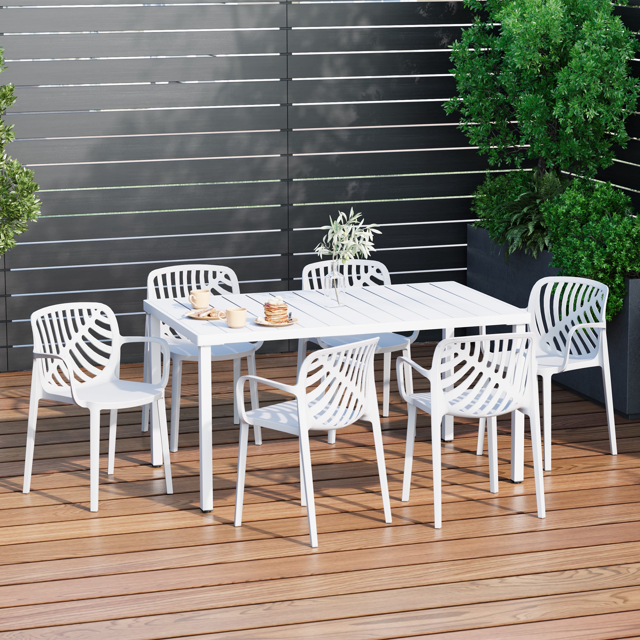 Playa 7-Piece Outdoor Metal Rectangle Patio Dining Table Set With Stackable Resin Patio Dining Chairs