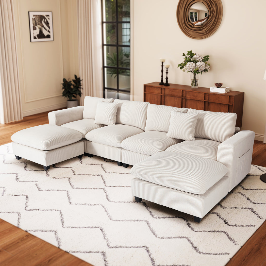 Hearthside 128" Corduroy Modular U-Shaped Sectional Couch and Chaise With USB/Type-C Ports and Side Pockets