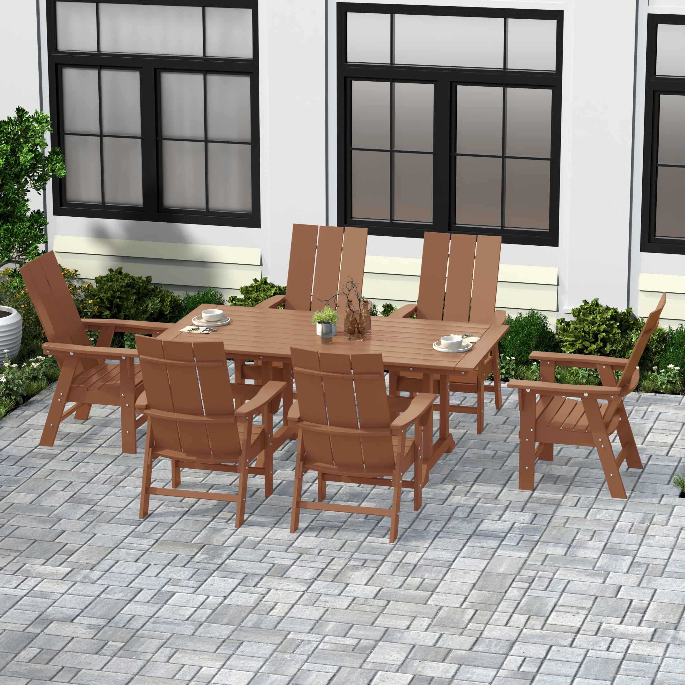 Ashore 7 Piece Outdoor Patio Dining Table and Modern Adirondack Armchair Set