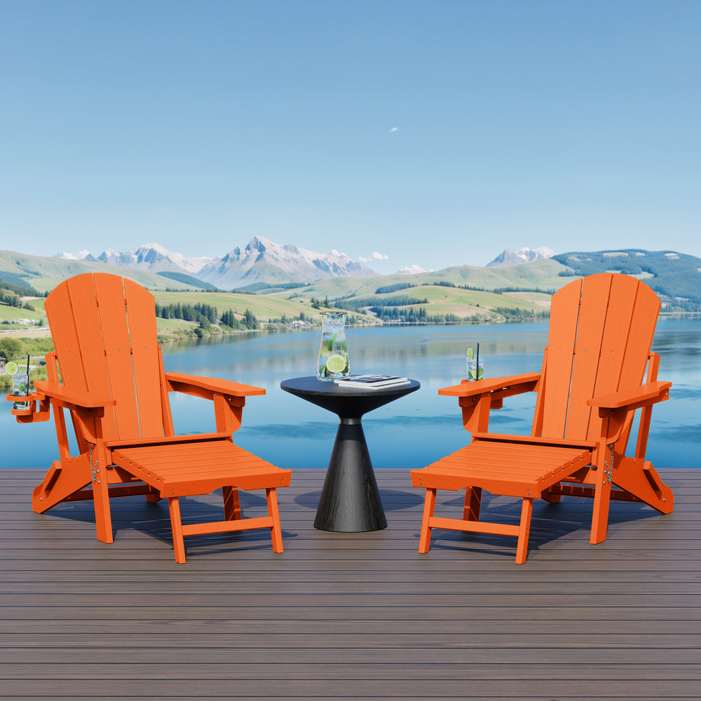 Malibu Folding Adjustable Adirondack Chair with Retractable Ottoman and Cup Holder (Set of 2)