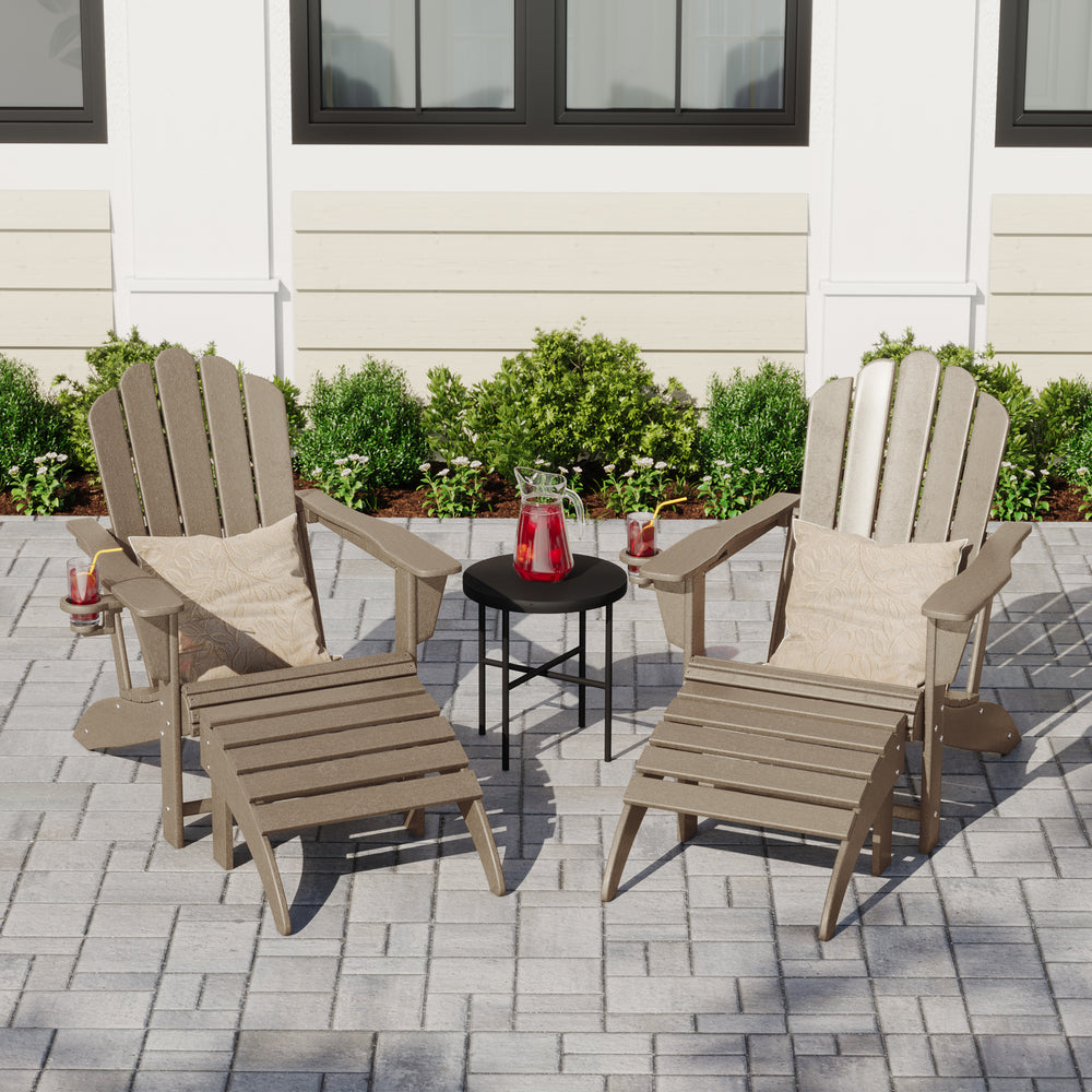 Highland 4-Piece Outdoor Patio HDPE Adirondack Chairs With Ottomans and Cup Holder Set