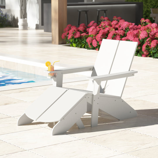 Riviera Outdoor HDPE Modern Adirondack Chair with Folding Patio Ottoman and Cup Holder