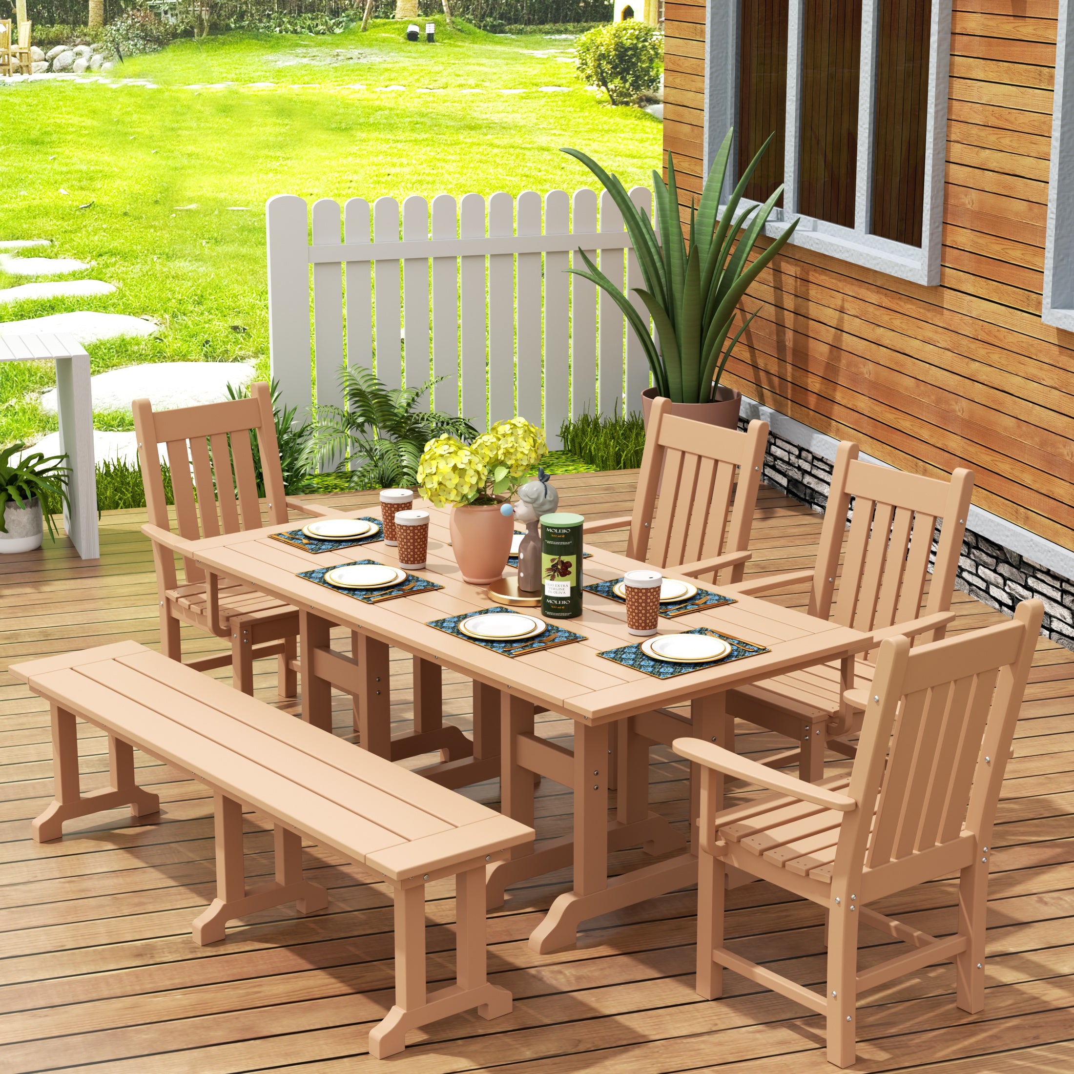 Malibu 6 Piece Outdoor Patio Dining Set Outdoor Table and Bench Armchair Set