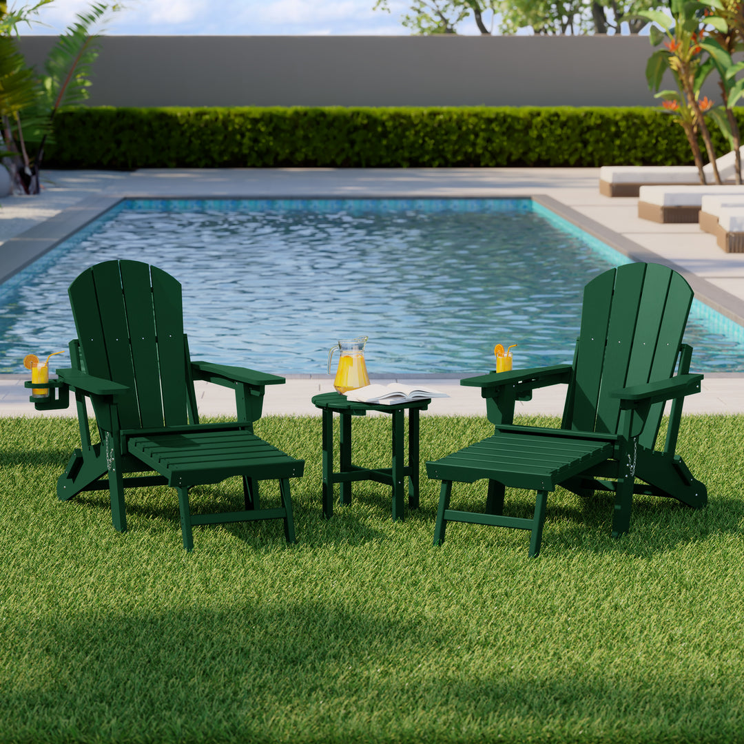 Malibu 3-Piece Outdoor Folding Adjustable Adirondack Chair with Cup Holder & Hideaway Ottoman and 18" Side Table