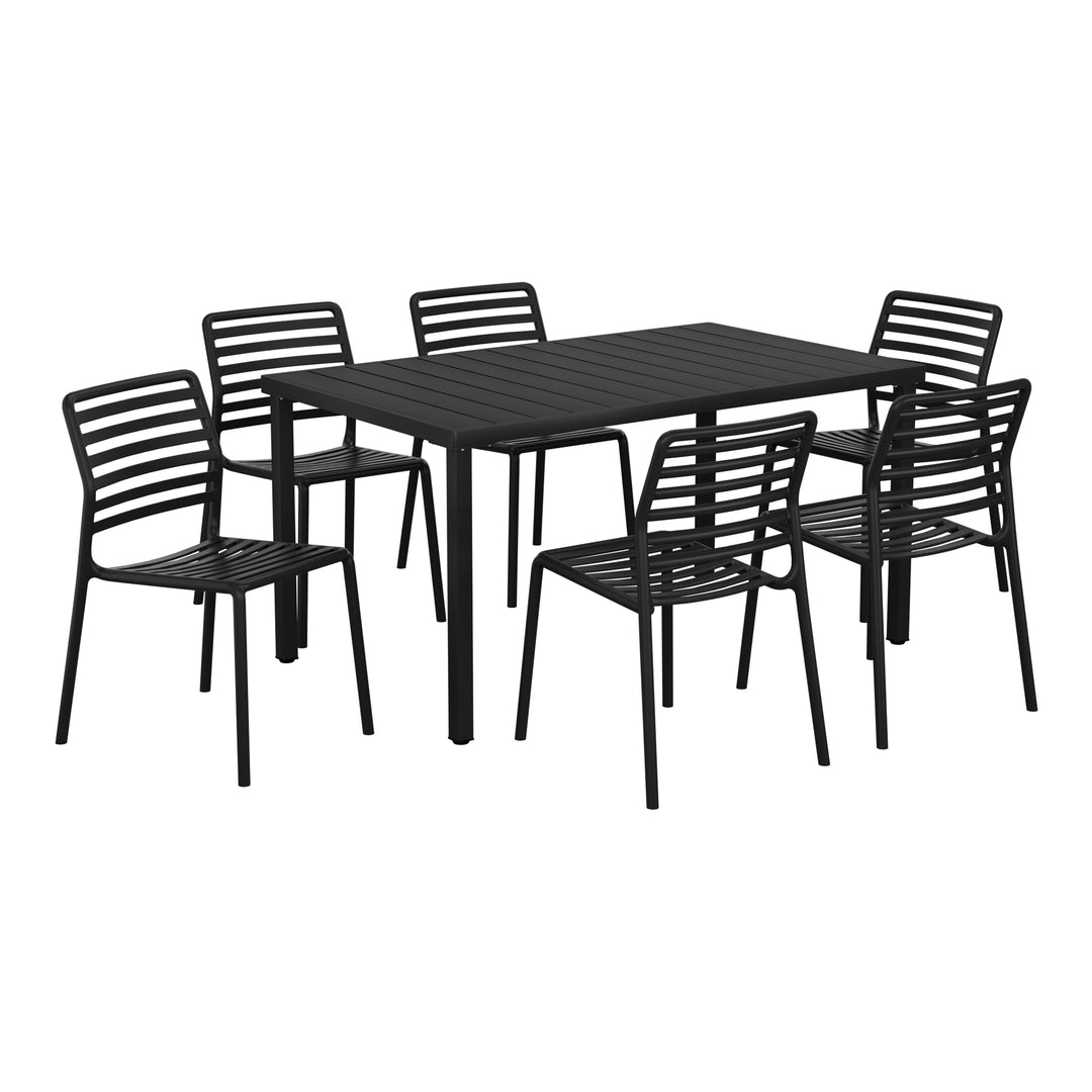 Playa 7-Piece Metal Rectangular Patio Dining Table Set With Stackable Plastic Dining Chairs For 6