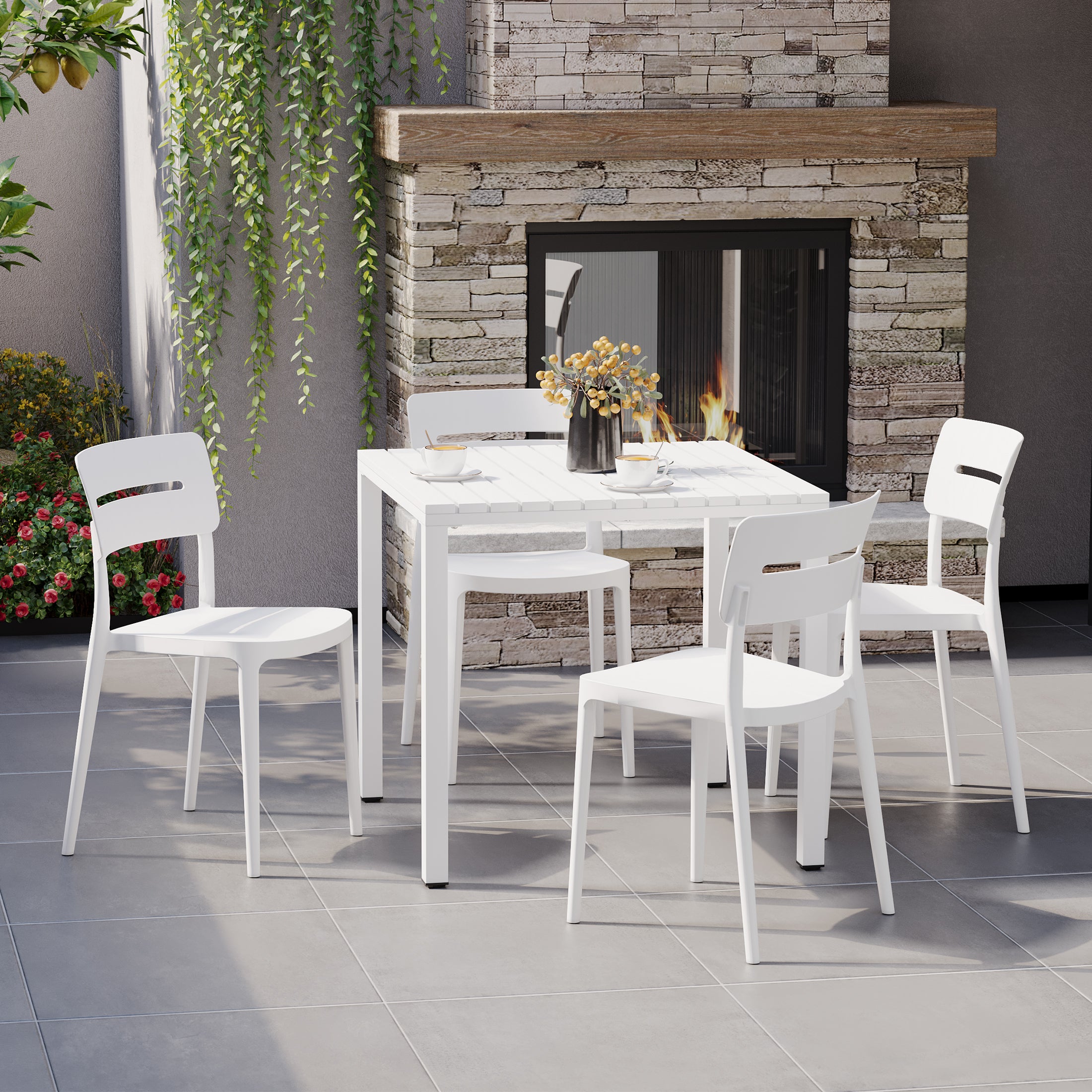 Playa 5-Piece Outdoor Metal Frame Dining Table Patio Set with Stackable Patio Dining Chairs