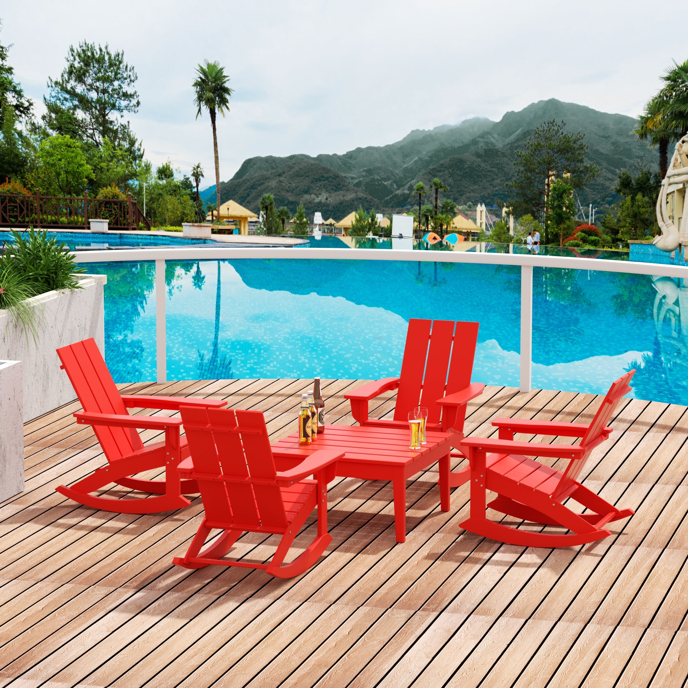 Ashore 5-Piece Set Modern Plastic Outdoor Rocking Chairs with Square Side Table