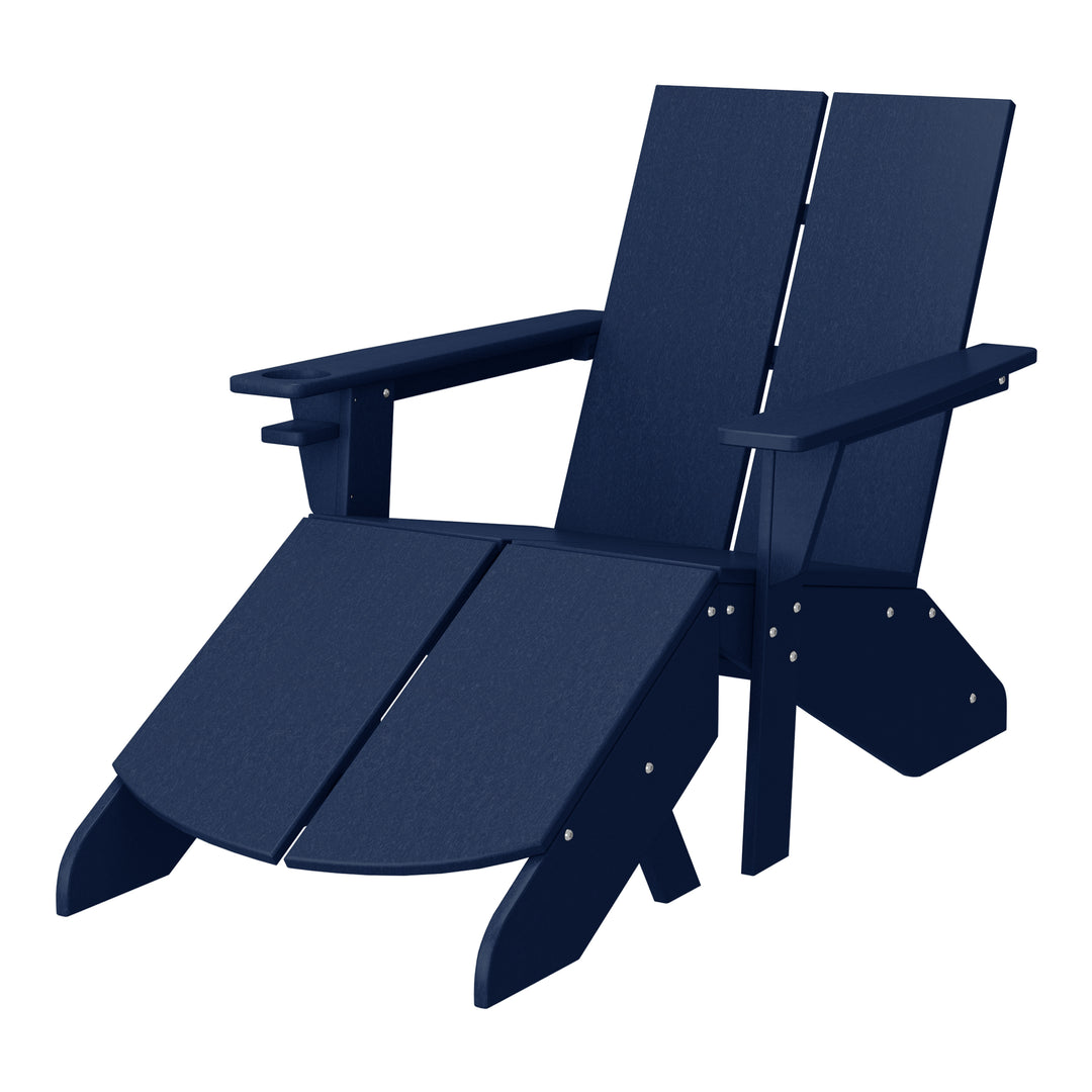 Riviera Outdoor HDPE Modern Adirondack Chair with Folding Patio Ottoman and Cup Holder