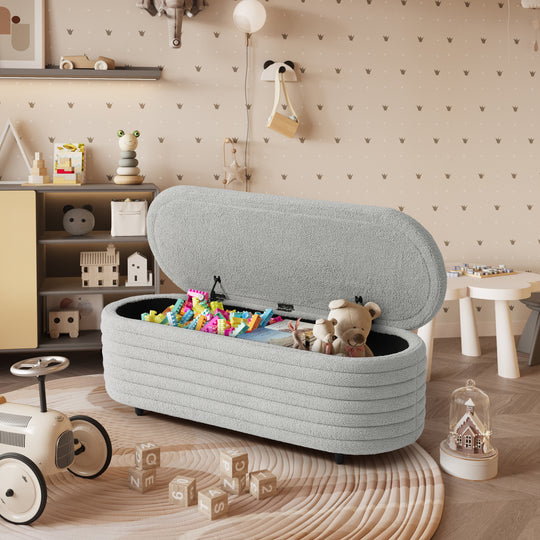 Alexandria 54" Wide Mid-Century Modern Upholstered Teddy Sherpa Tufted Oval Storage Ottoman Bench