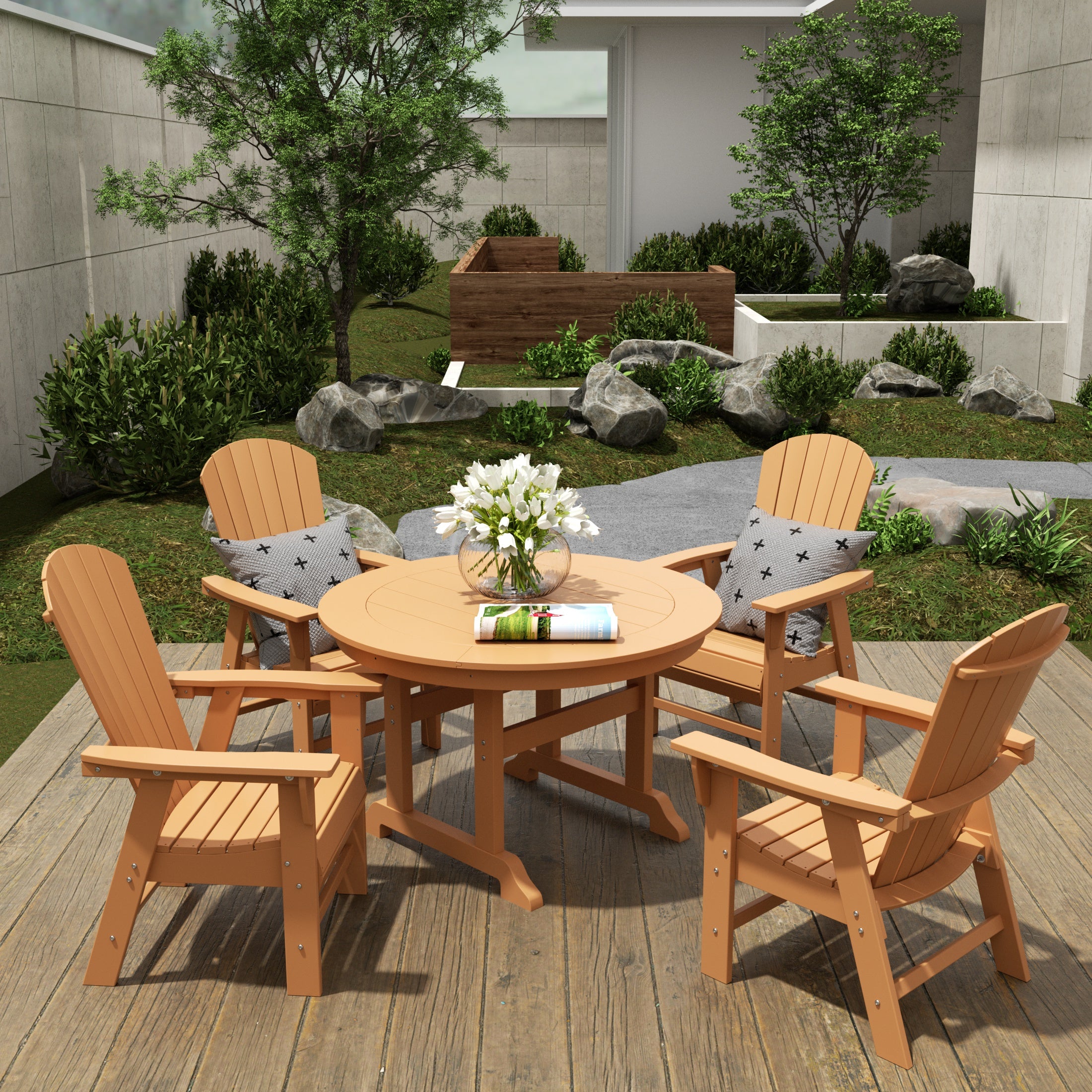Dylan 5 Piece Outdoor Patio Dining Round Table and Shell Back Armchair Set