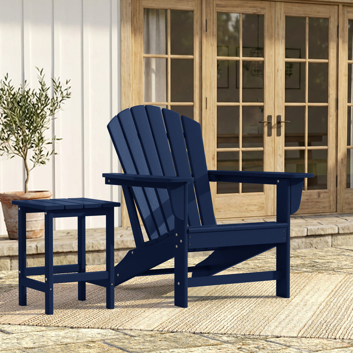 Dylan Adirondack chair in Navy Blue styled outdoors