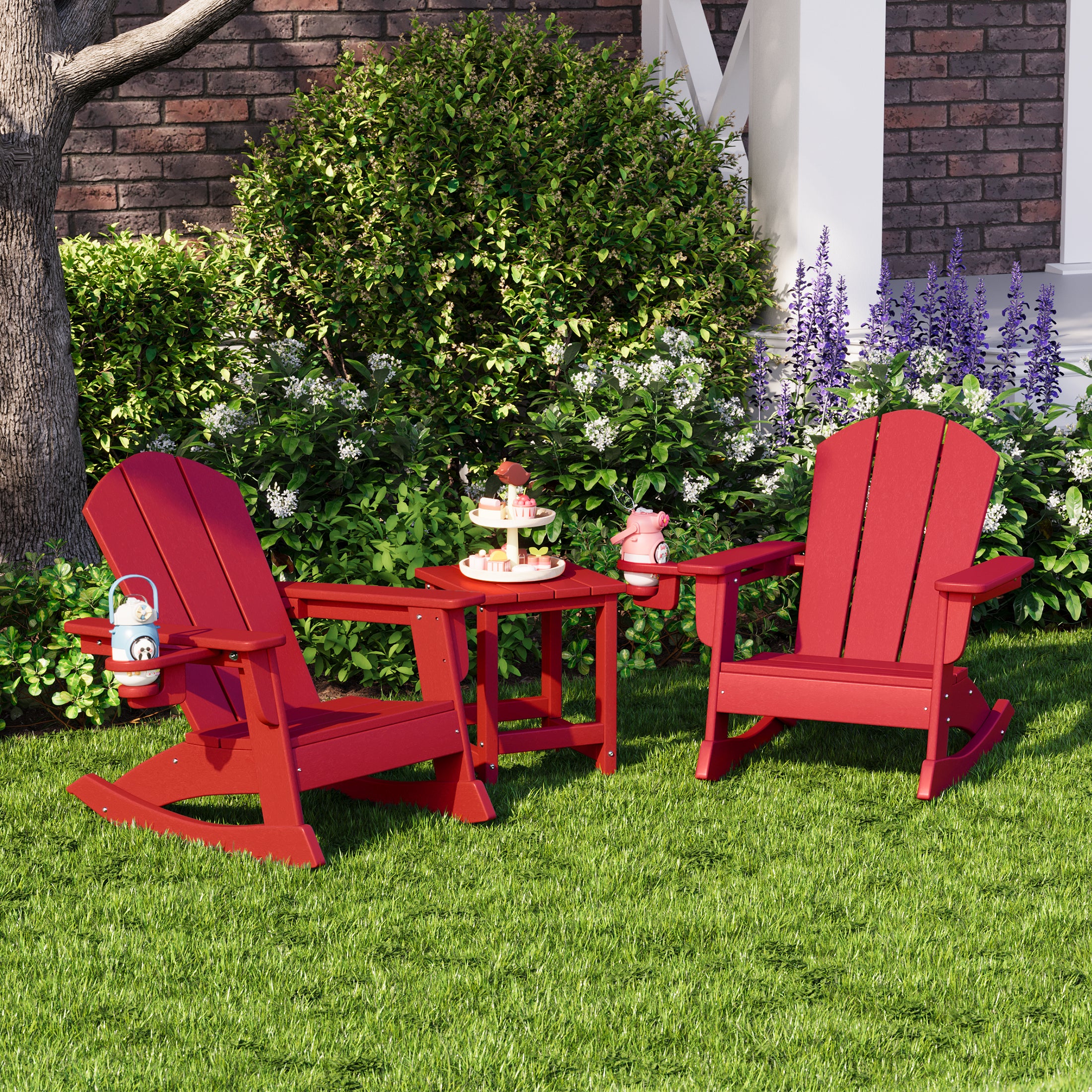 Malibu 3-Piece Kids Rocking Chair With Cup Holder and Square Side Table Set