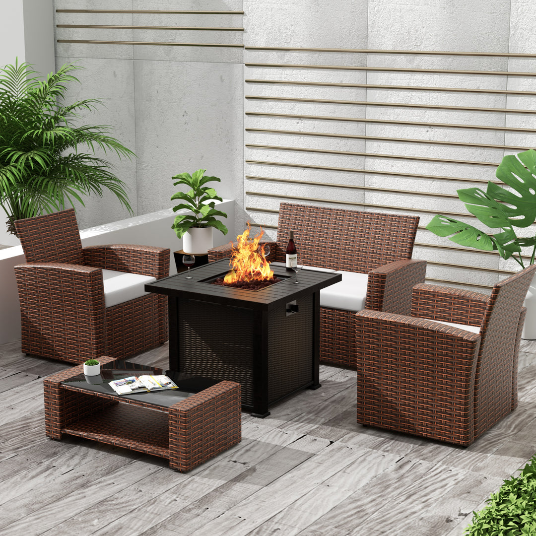 Coastal 4-Piece Brown Outdoor Patio Conversation Sofa Set with Square Fire Pit Table