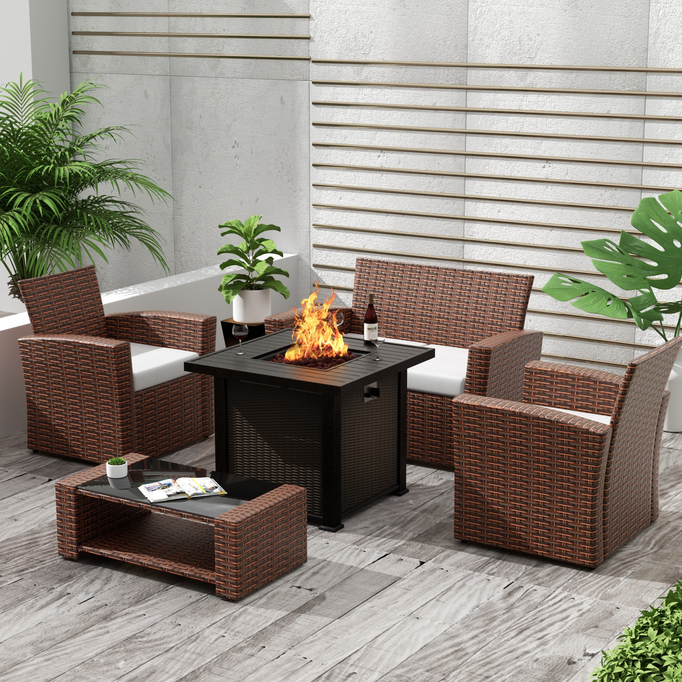 Coastal 4-Piece Conversation Outdoor Patio Sofa Set with Square Fire Pit Table, Brown