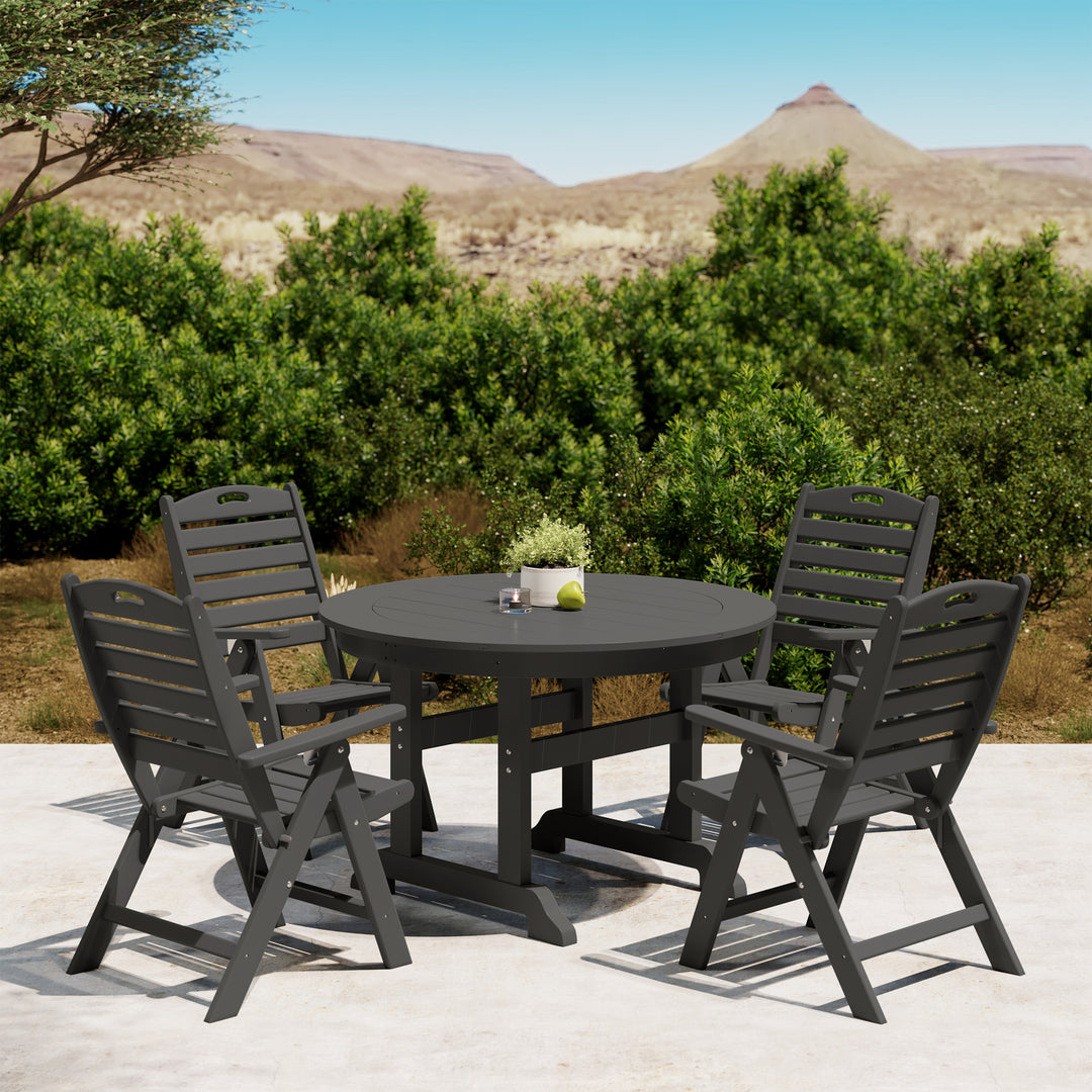 Malibu 5-Piece HDPE Round Patio Dining Table Set with Foldable Chairs