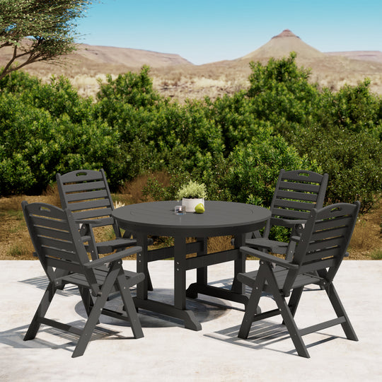 Malibu 5-Piece HDPE Round Patio Dining Table Set with Foldable Chairs