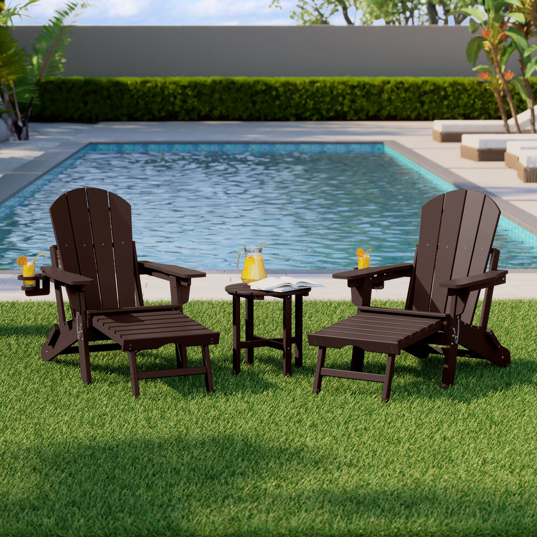Malibu 3-Piece Outdoor Folding Adjustable Adirondack Chair with Cup Holder & Hideaway Ottoman and 18" Side Table