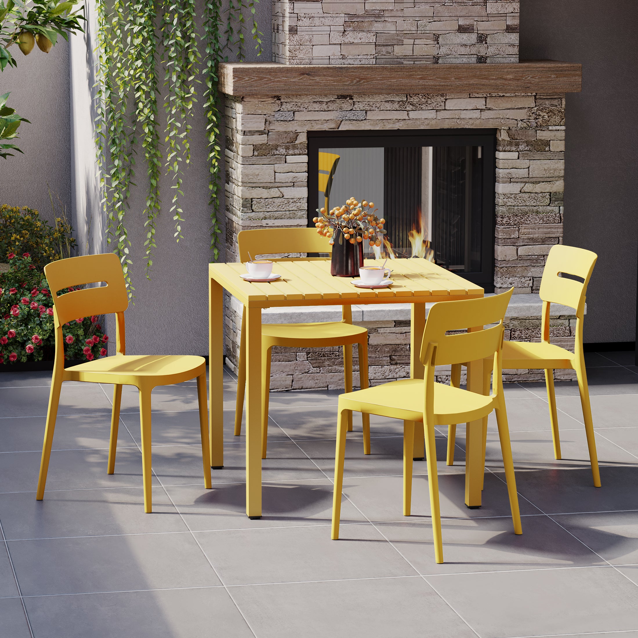 Playa 5-Piece Outdoor Metal Frame Dining Table Patio Set with Stackable Patio Dining Chairs