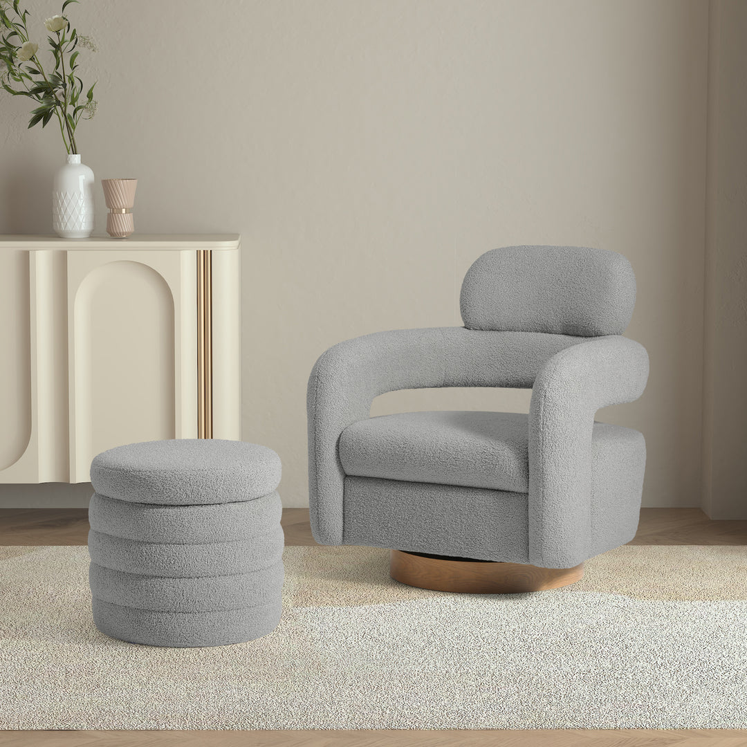 Alexandria Mid-Century Modern Sherpa Swivel Barrel Accent Chair With Storage Ottoman