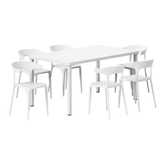 Playa 7-Piece Outdoor Metal Rectangle Patio Dining Table Set With Stackable Plastic Dining Chairs For 6