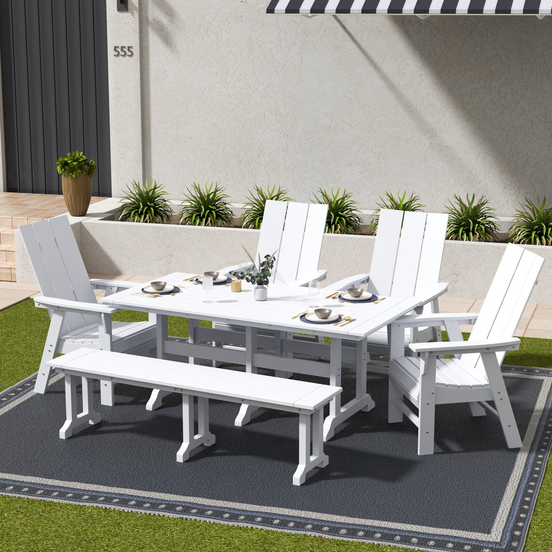 Ashore 6 Piece Outdoor Patio Rectangle Dining Table and Dining Bench Modern Armchair Set