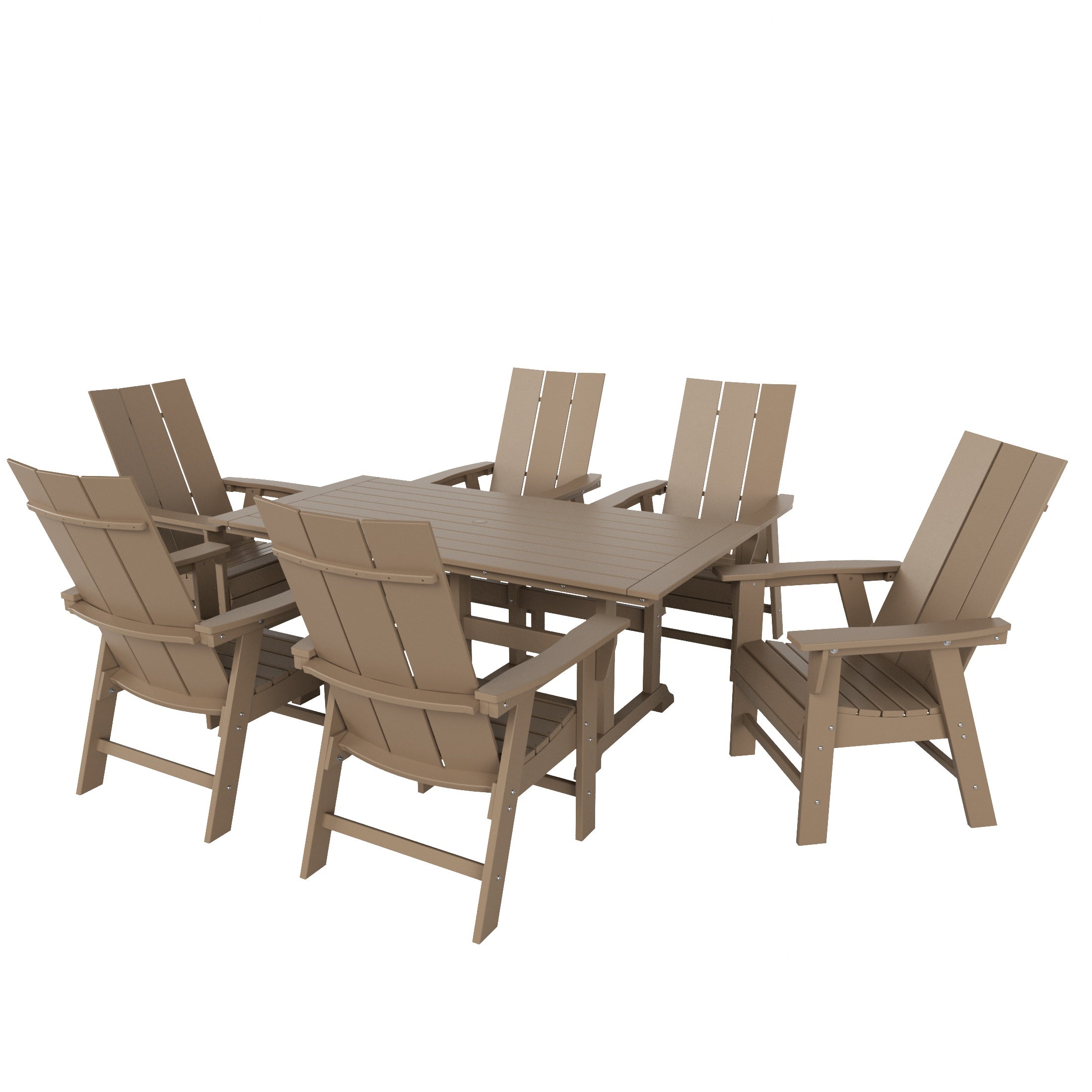 Ashore 7 Piece Outdoor Patio Dining Table and Modern Adirondack Armchair Set