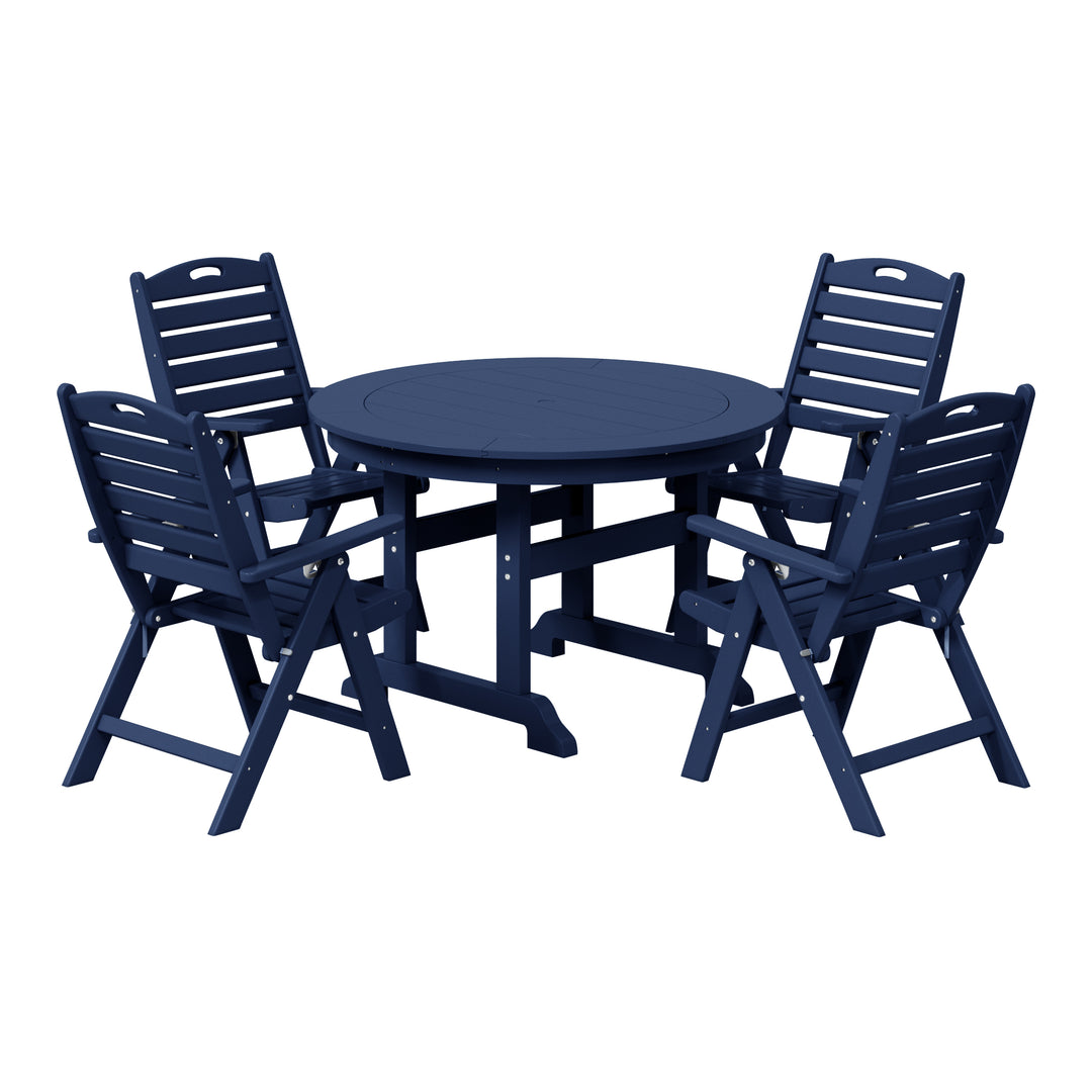 Malibu 5-Piece HDPE Round Patio Dining Table Set with Foldable Chairs