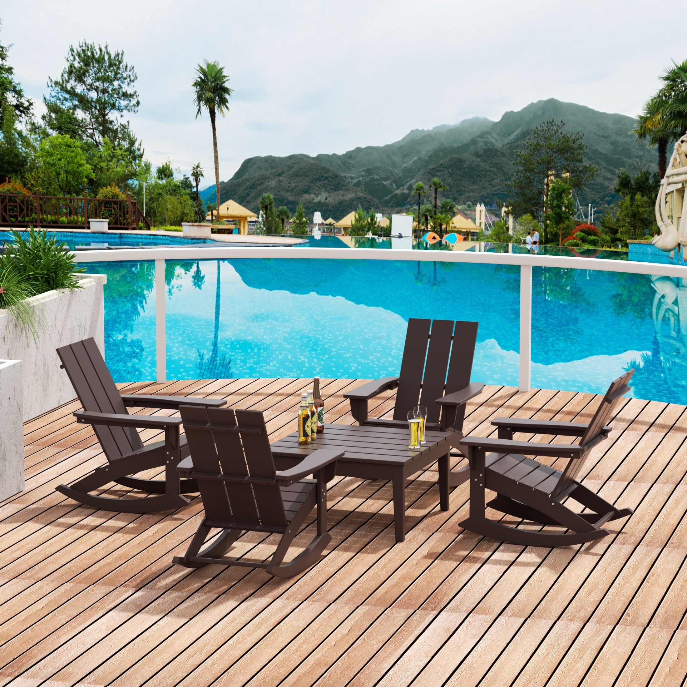 Ashore 5-Piece Set Modern Plastic Outdoor Rocking Chairs with Square Side Table