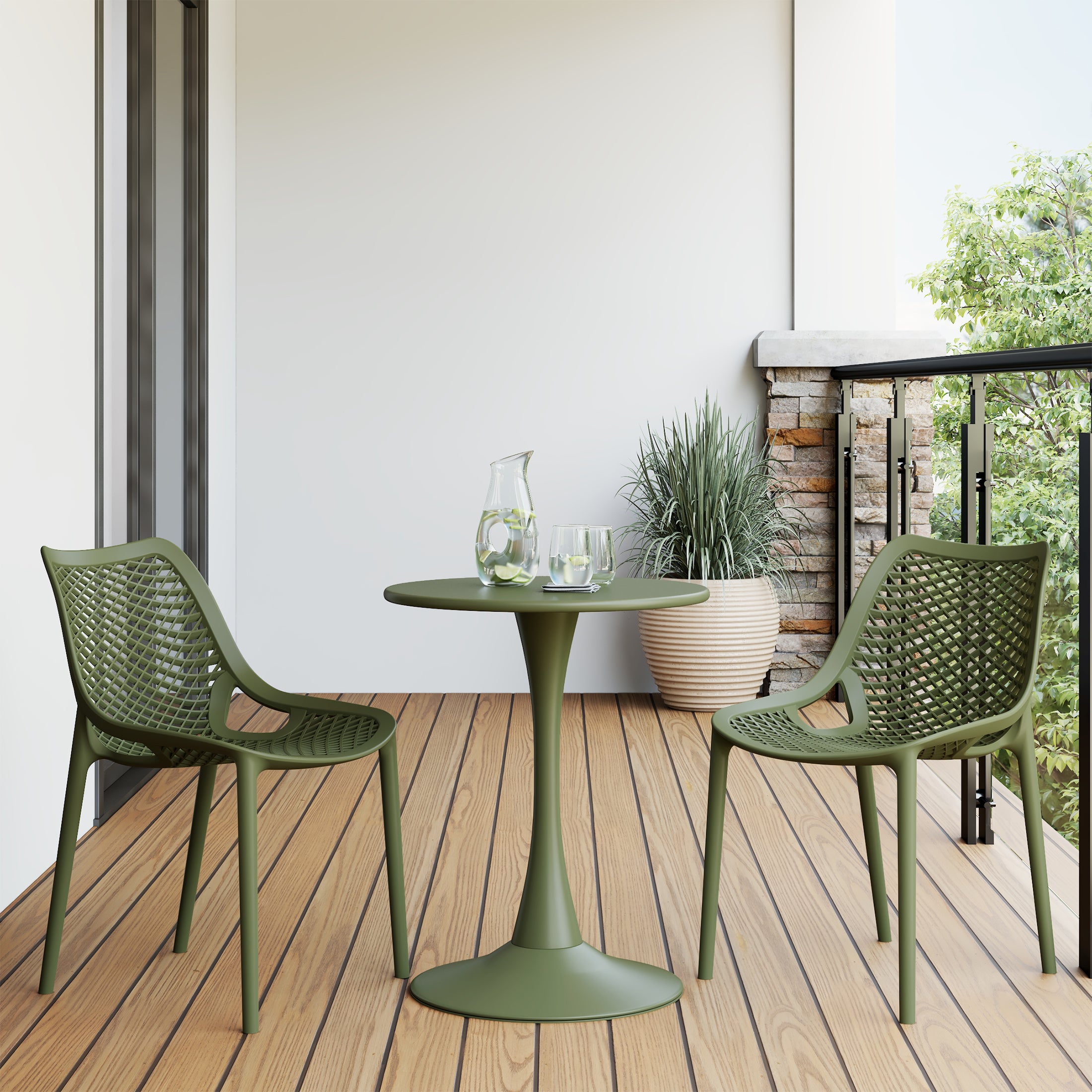 Playa 3-Piece Outdoor Round Metal Dining Table Set And Stackable Resin Patio Dining Side Chairs