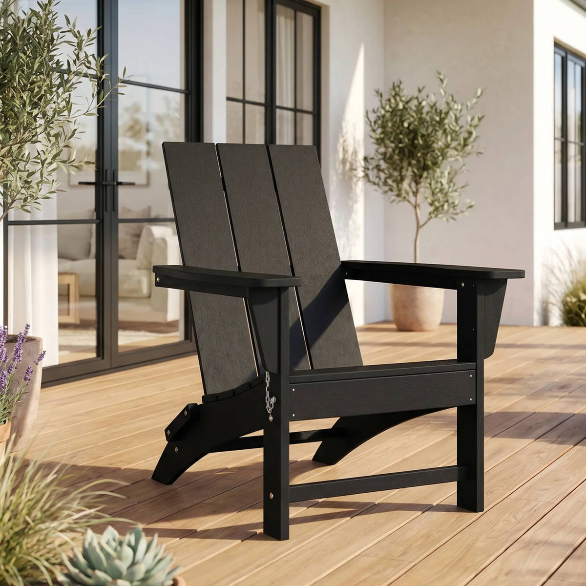 Ashore folding Adirondack chair in Black styled outdoors