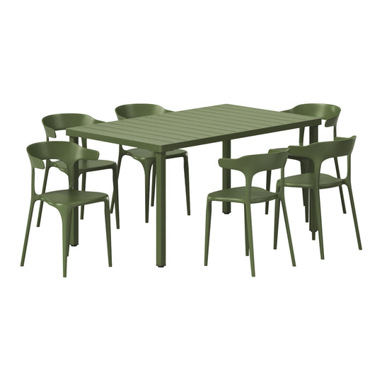 Playa 7-Piece Outdoor Metal Rectangle Patio Dining Table Set With Stackable Plastic Dining Chairs For 6