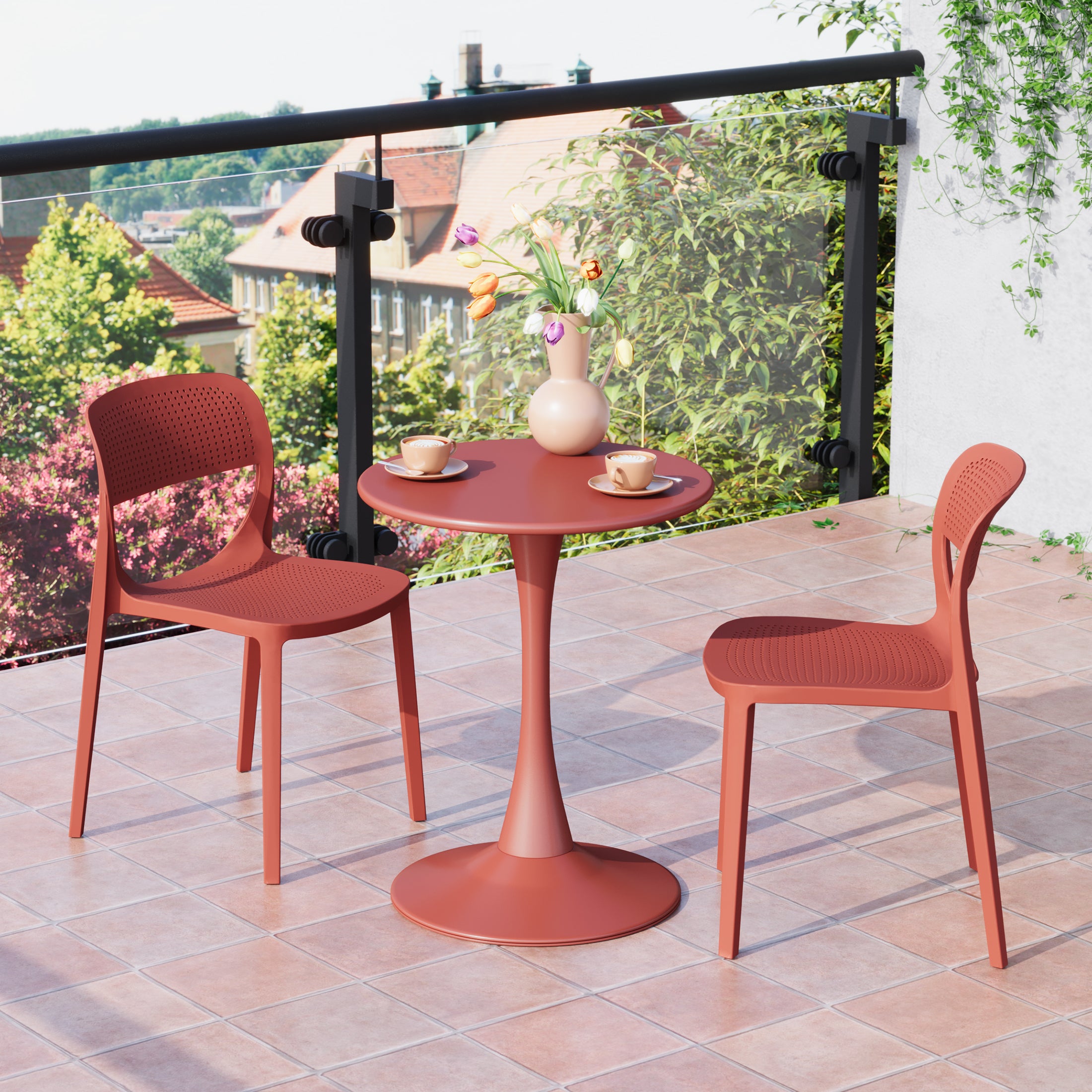 Playa 3-Piece Round Metal Bistro Dining Table Set And Stackable Resin Patio Dining Side Chairs