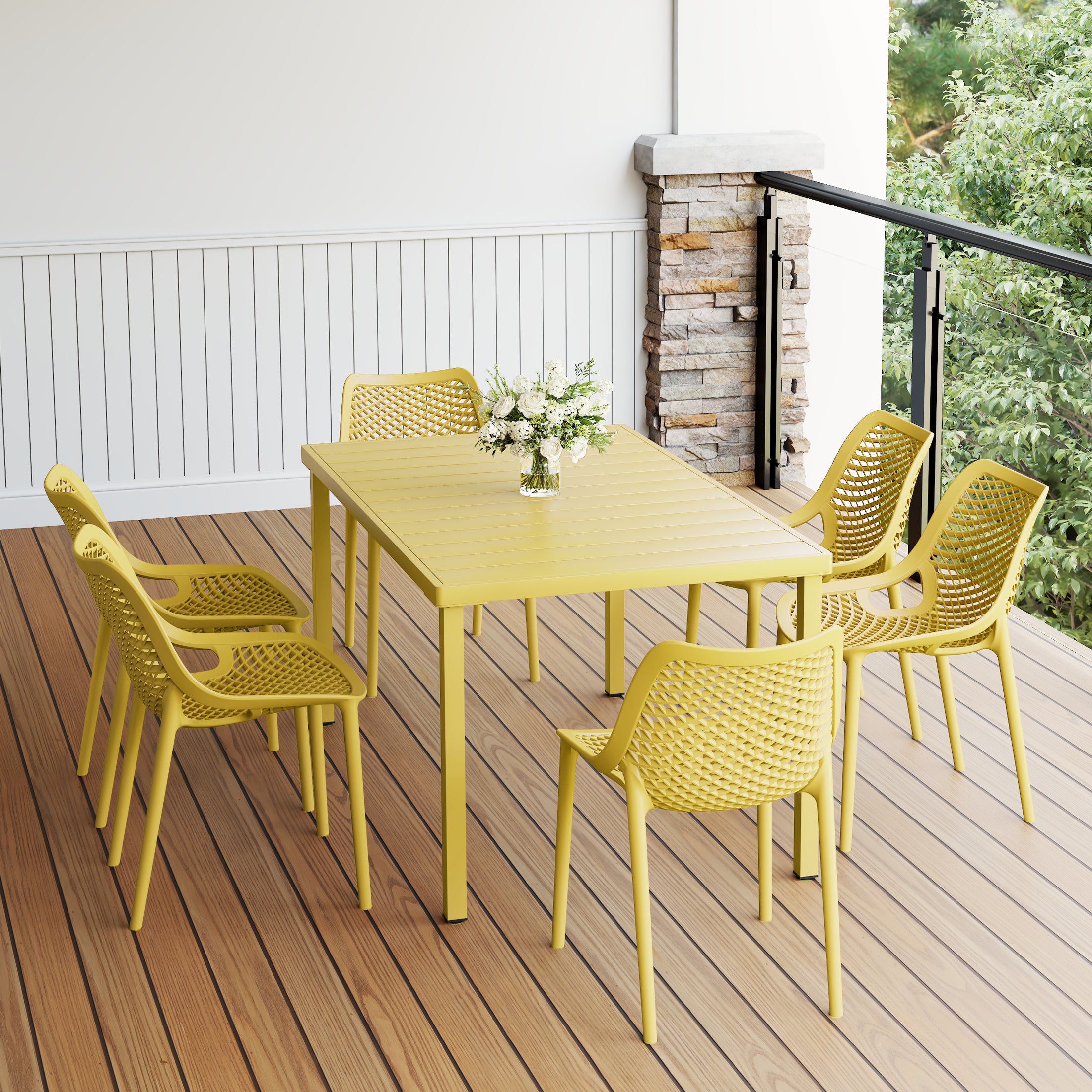 Playa 7-Piece Outdoor Metal Patio Dining Table Set With Stackable Patio Chairs