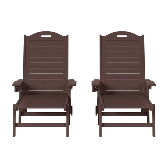 Aruba Outdoor HDPE Patio Chaise Lounges With Wheels & Cup Holder (Set of 2)