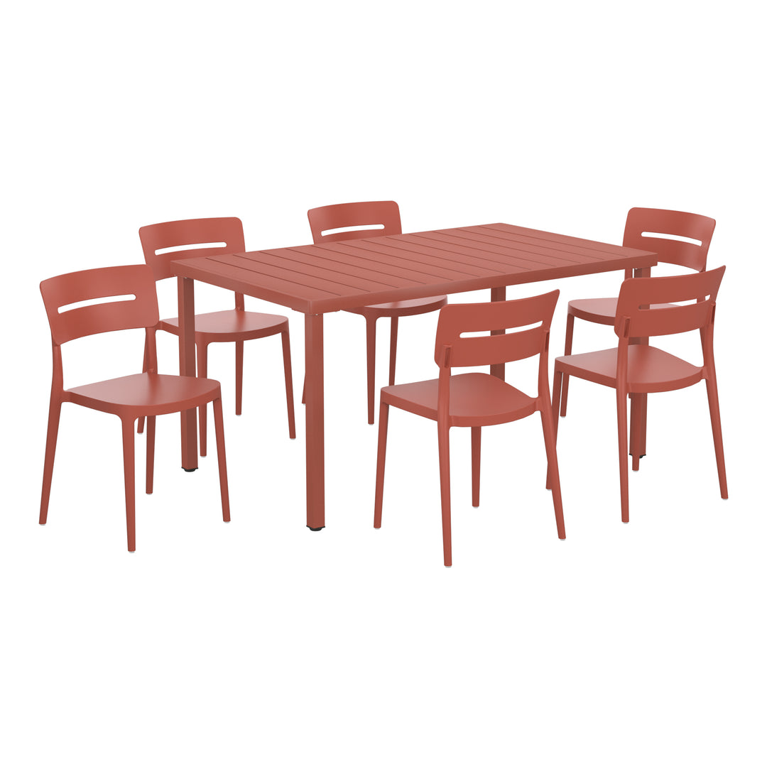 Playa 7-Piece Outdoor Rectangular Metal Patio Dining Table Set With Stackable Patio Chairs
