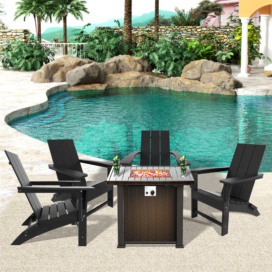 Ashore Modern Folding Poly Adirondack Chair With Square Fire Pit Table Set