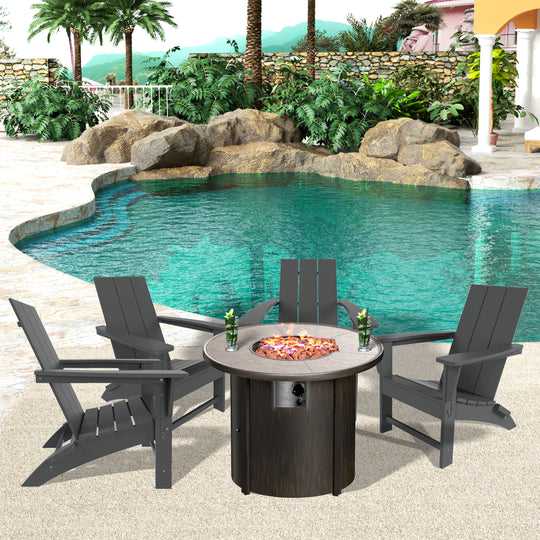 Ashore Modern Folding Poly Adirondack Chair With Round Fire Pit Table