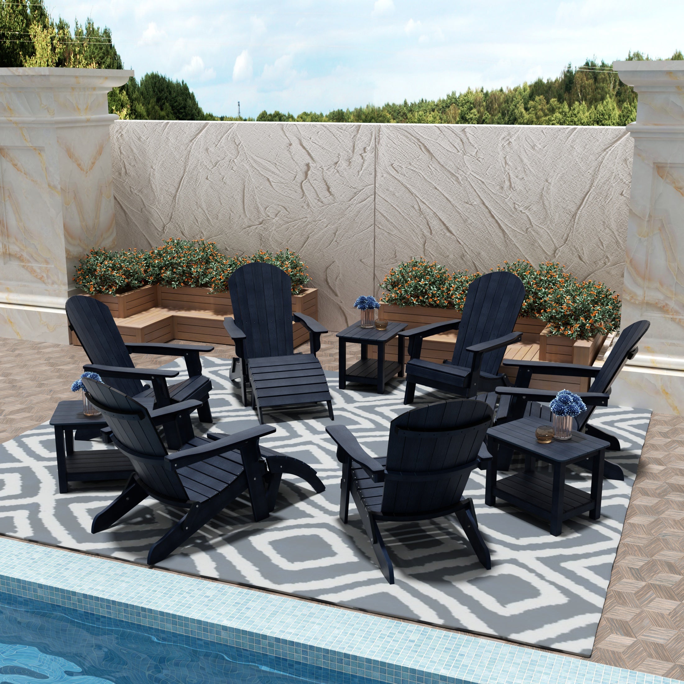 Tuscany 6 Person Folding Adirondack Seashell With Side Table and Folding Ottoman