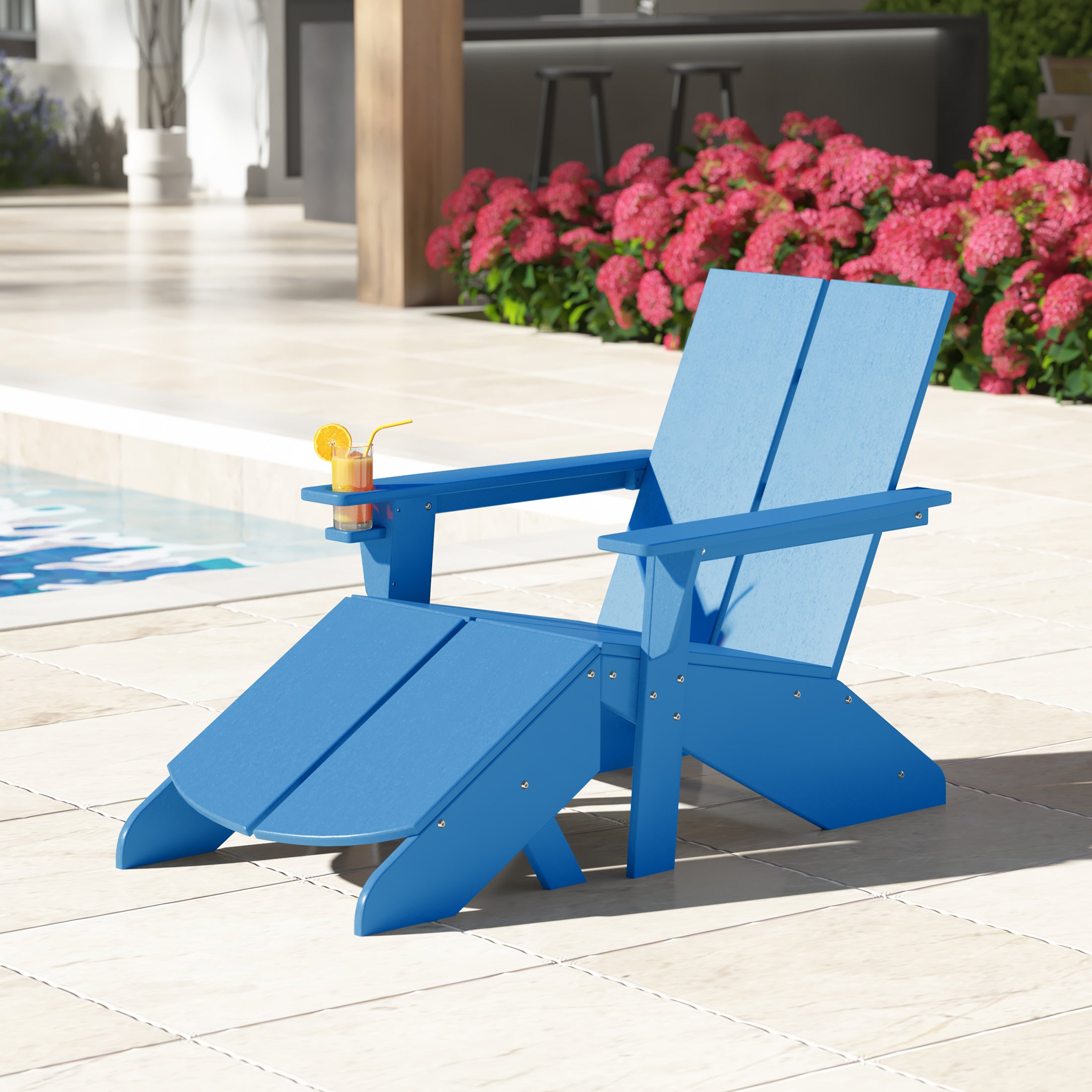 Riviera Outdoor HDPE Modern Adirondack Chair with Folding Patio Ottoman and Cup Holder