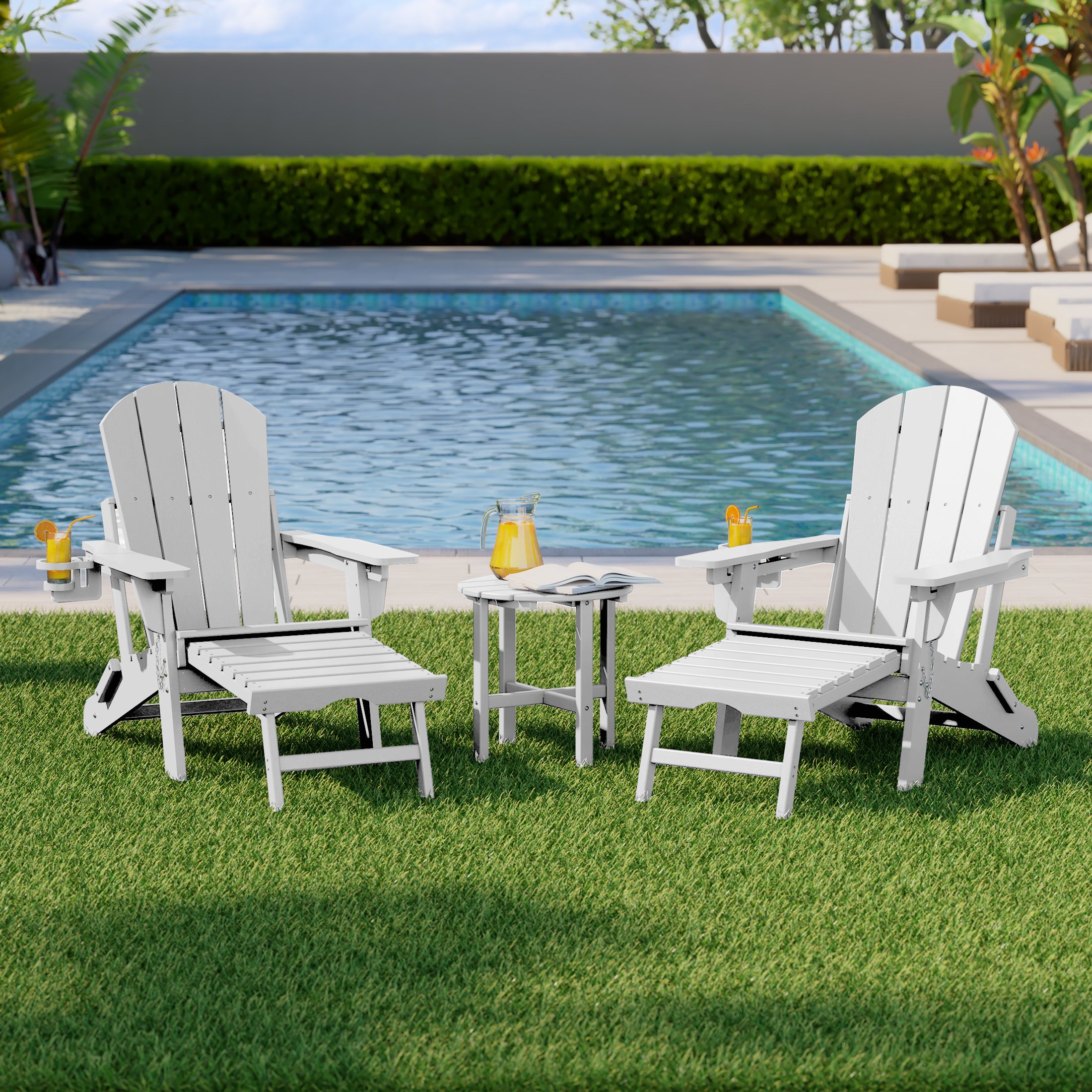Malibu 3-Piece Outdoor Folding Adjustable Adirondack Chair with Cup Holder & Hideaway Ottoman and 18" Side Table