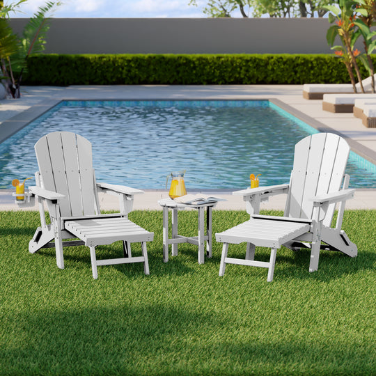 Malibu 3-Piece Outdoor Folding Adjustable Adirondack Chair with Cup Holder & Hideaway Ottoman and 18" Side Table